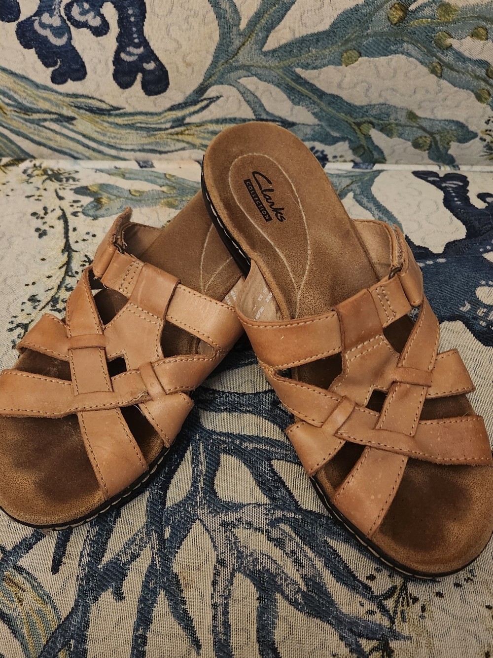Clarks Collection Womens Size 8 / UK 5.5 Tan Leather Woven Strappy Slide Sandals